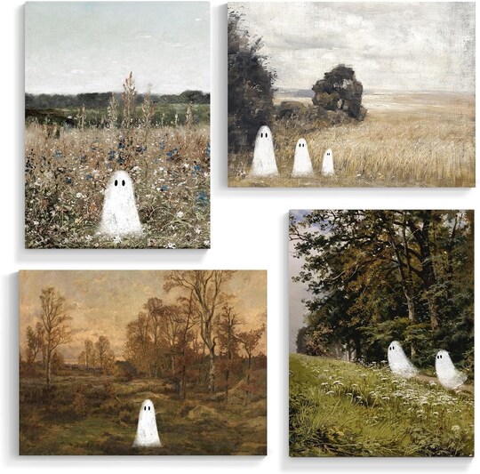 4-Piece Cute Ghost Canvas Wall Art Set 8x10” – Vintage Spooky Farmhouse Halloween Landscape Posters, Moody Aesthetic Ghost Decor, Rustic Creepy Room Wall Prints (Unframed)